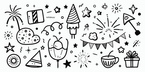 Hand drawn celebration party elements gift box firework party hat confetti and stars clipart