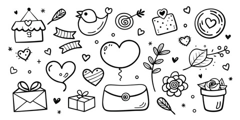 Fototapeta premium Charming hand drawn valentine's day elements collection with hearts gifts and love symbols