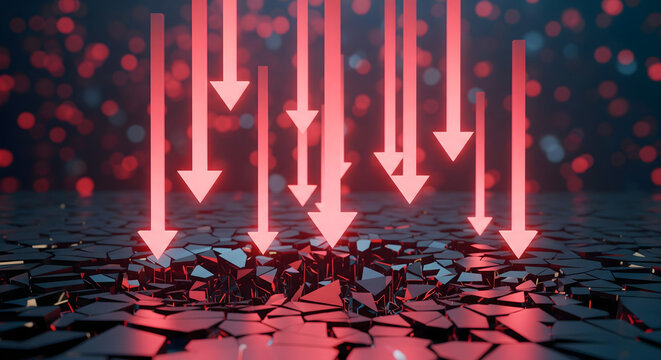 Downward Trend and Diminishing: Conceptual representation of decline, with arrows pointing downwards, crashing into a fractured, ground, suggesting collapse.
