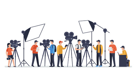 Film crew in action with cameras and studio lights on white background