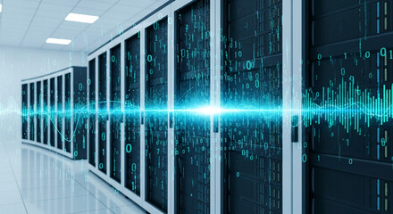 Row of dark gray servers, teal binary code and data flow visualization, symbolizing data processing, digital technology, and networking