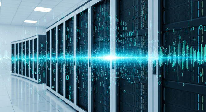 Row of dark gray servers, teal binary code and data flow visualization, symbolizing data processing, digital technology, and networking