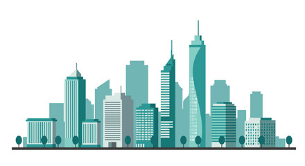 Fototapeta premium Modern cityscape silhouette with geometric skyscrapers and trees