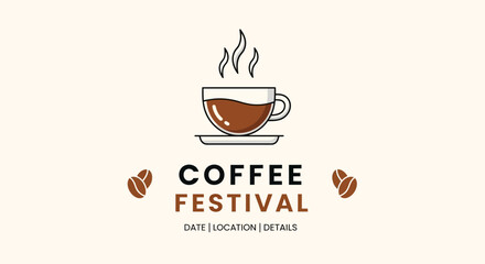 Vibrant coffee festival announcement with steaming cup and beans, perfect for event promotion