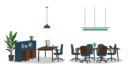 Modern office interior with furniture and lighting elements in flat design