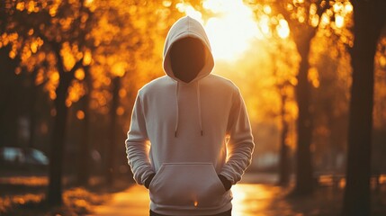 Person in hoodie stands in park with blurred background and bright light.