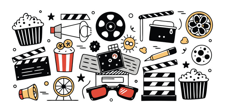 Movie night icons fun cinema celebration popcorn clapperboard reel and treats collection