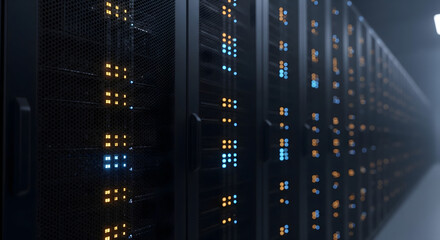 Data Center: An impressive array of server racks, illuminated with colorful indicator lights, symbolizing the robust infrastructure and connectivity of a modern data center.