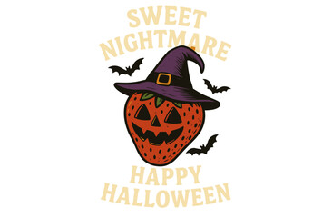 Cute Halloween Strawberry Jack O Lanterns. Retro Trick or Treat Spooky Fruit Character Illustration.