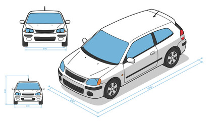 Isometric car design with dimensions and technical blueprint