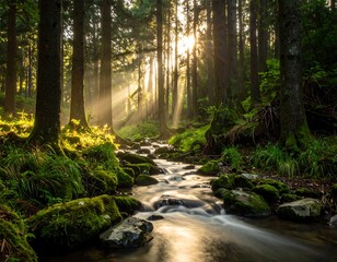 Obraz premium Sunlight streams through a misty forest (1)