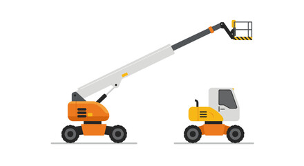 Fototapeta premium Flat design cherry picker and boom lift equipment for construction sites