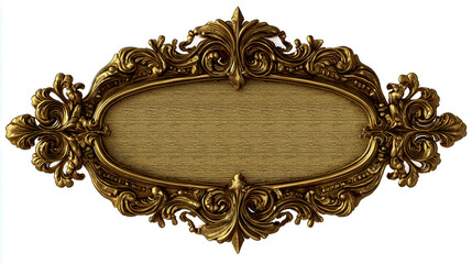 Golden vintage frame with blank space for text on a white background, a 3D illustration of a decorative gold signboard in the Baroque style