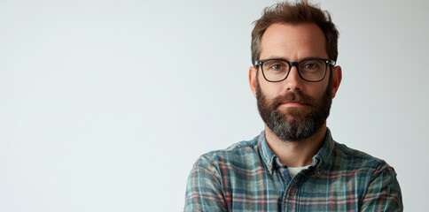 Obraz premium Confident Bearded Man in Glasses with Arms Crossed Against a Light Background