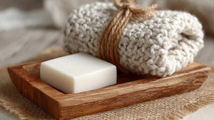 White soap bar on wooden tray beside a knitted washcloth
