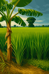 Obraz premium A digital illustration of a lush green rice field with a banana tree in the foreground. The vibrant green rice plants stretch across the landscape, with tall trees and distant hills under a cloudy sky