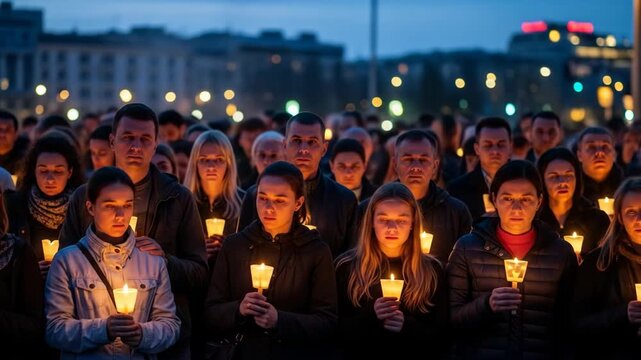 People gather at night, holding lit candles at an outdoor vigil