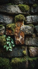Fototapeta premium Moss-covered cross on weathered stone wall.