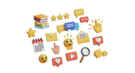 Colorful 3D rendered icons of social media, communication, and learning elements floating against a white background, representing online interaction and knowledge sharing