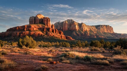 Fototapeta premium Majestic red rock formations under a sunrise sky. Desert landscape with trees and distant clouds
