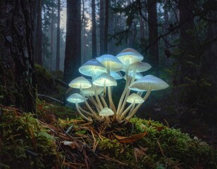 Spooky Halloween Glow Ghostly Mushrooms in a Scary Forest, a Spooky Night Scene