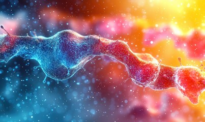 A vibrant microscopic view of a complex biological structure, possibly a protein chain or a virus, highlighted by contrasting colors and intricate details. 