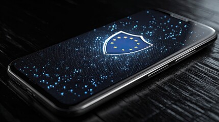 Smartphone displaying a shield with the European Union flag, symbolizing data protection and security.