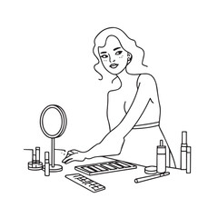 Black and white line art of a beautiful woman doing makeup at dressing table with mirror illustration