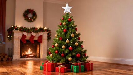 A cozy Christmas scene showcases a decorative Christmas tree, stockings, and presents near a fireplace, evoking a warm and festive atmosphere.