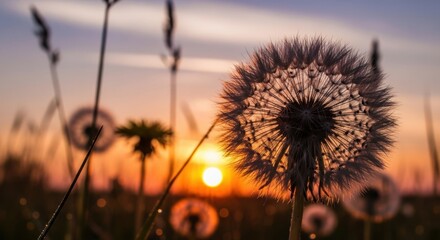 Golden Hour Sunlight Illuminates Delicate Dandelion Seed Heads at Dusk