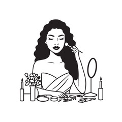 Black and white line art of a beautiful woman doing makeup at dressing table with mirror illustration