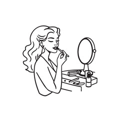 Black and white line art of a beautiful woman doing makeup at dressing table with mirror illustration