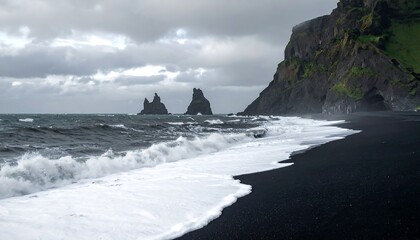Obraz premium Dramatic black sand beach scene with dramatic waves and dark cliffs