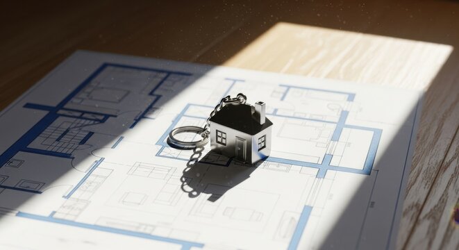 Tiny House Keychain Sits On Architectural Blueprint Under Natural Sunlight