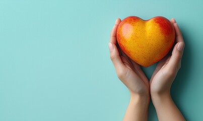 Heart-shaped peach held gently in hands against a soft teal background