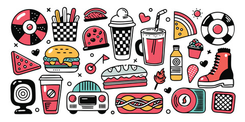 Pop art food and objects collection fun vibrant retro style for parties and events