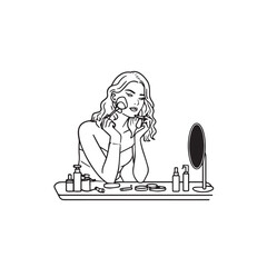 Black and white line art of a beautiful woman doing makeup at dressing table with mirror illustration