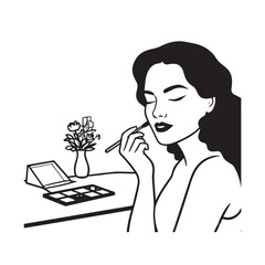 Black and white line art of a beautiful woman doing makeup at dressing table with mirror illustration