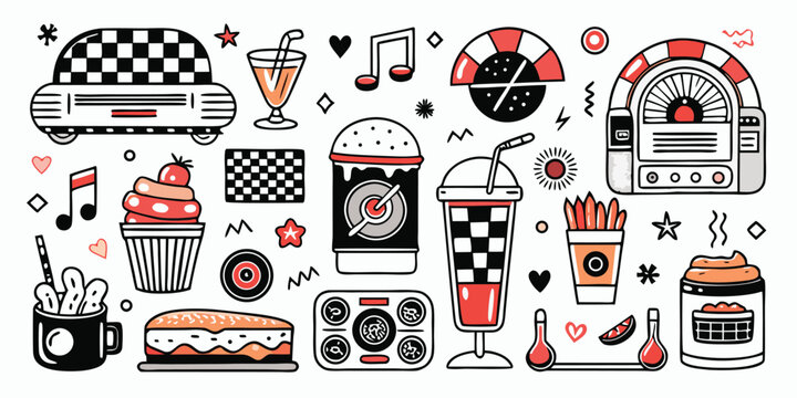 Retro 50s diner theme elements with jukebox cupcakes and drinks on