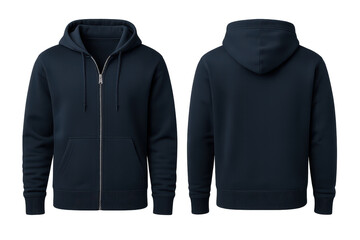 Navy blue zippered hoodie, front and back isolated on transparent background.