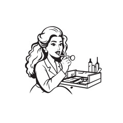 Black and white line art of a beautiful woman doing makeup at dressing table with mirror illustration