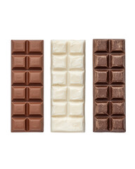 Three chocolate bars, one milk chocolate, one white chocolate, and one dark chocolate, isolated on transparent background
