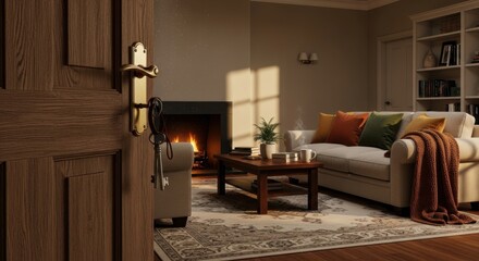Cozy Living Room With Burning Fireplace Sunlight Streaming Through Window
