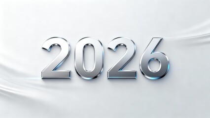 Stylish, metallic silver 2026 numerals displayed against a smooth, flowing white background.