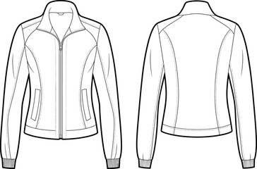 Women's slim fit zip-up jacket technical flat sketch, activewear outerwear design template, sporty fashion drawing for fashion design projects