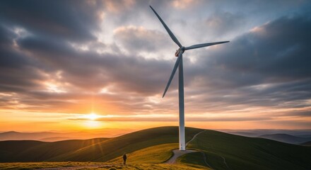 Obraz premium Majestic Wind Turbine on a Grassy Hillside at Sunset