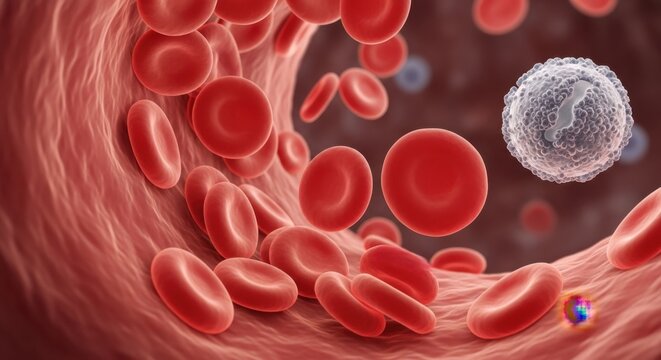 Detailed close up view of blood cells flowing through an artery showing red blood cells and a white blood cell - Powered by Adobe