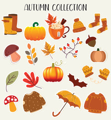 Cozy vector set of autumn icons pumpkin falling leaves ,umbrella,autumn collection