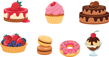 Sweet desserts collection, cheesecake, cupcake, chocolate cake, fruit tart, macaron, donut, ice cream sundae, delicious treats, baked goods, candy dessert, 
