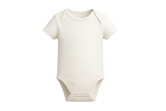 Cream colored short-sleeve baby onesie isolated on transparent background.